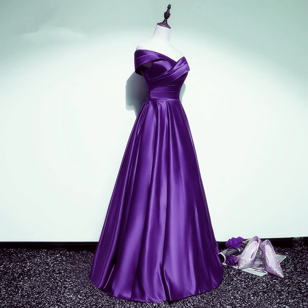 Purple Satin Off Shoulder A-line Long Party Dress, Floor Length Junior Prom Dress