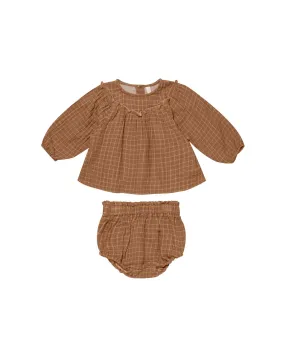 Quincy Mae - Cinnamon Grid Balloon Sleeve Blouse + Bloomer Set LAST ONE 0-3m