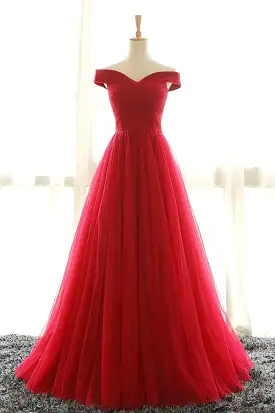 Red Off Shoulder A Line Floor Length Layers Prom Dresses