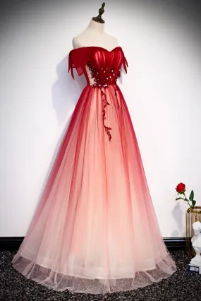 Red Off the Shoulder Long Tulle Prom Dress with Beading, Party Gown with Sequins