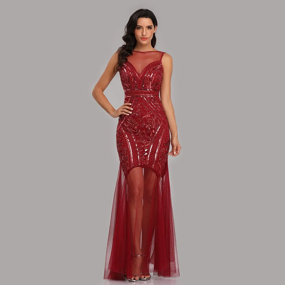 Robe De Soiree Sequins Beading Evening Dresses Mermaid Formal Sleeveless Round collar Prom Party Long Dress