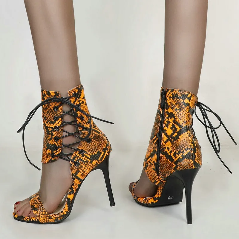 Rome Style Women's Serpentine Pattern Ankle Wrap Thin High Heels Pumps