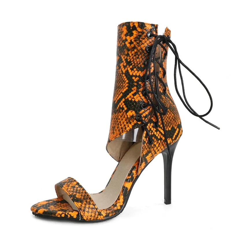 Rome Style Women's Serpentine Pattern Ankle Wrap Thin High Heels Pumps