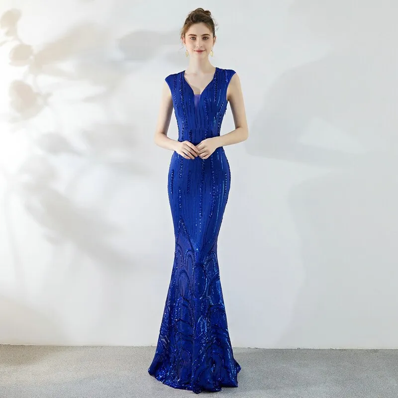 Royal Blue Sequins Evening Dress Elegant Beading Long Evening Party Dress