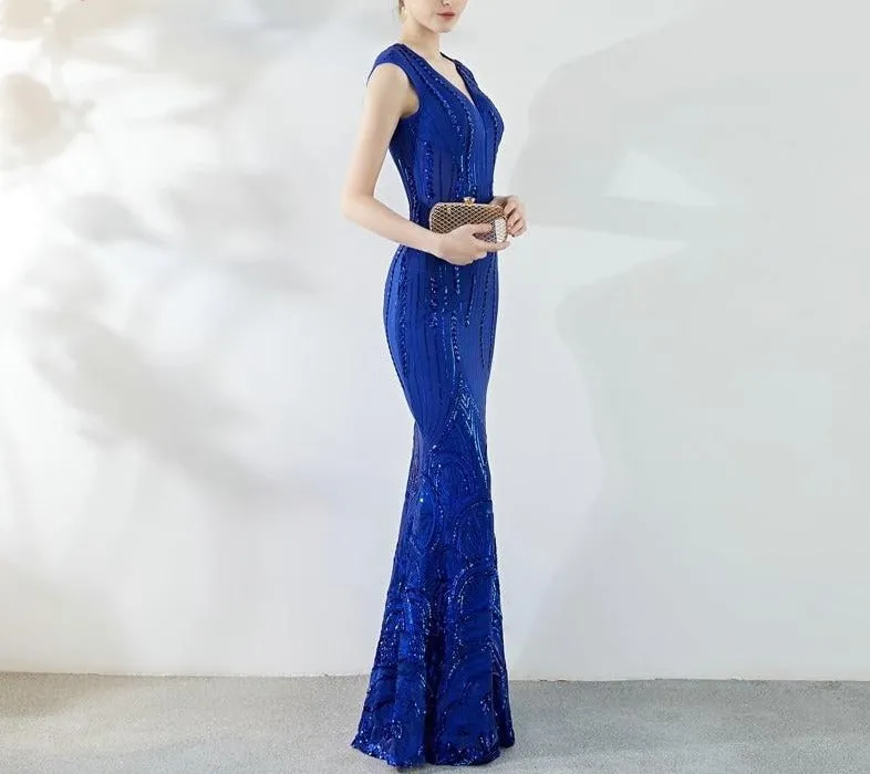 Royal Blue Sequins Evening Dress Elegant Beading Long Evening Party Dress