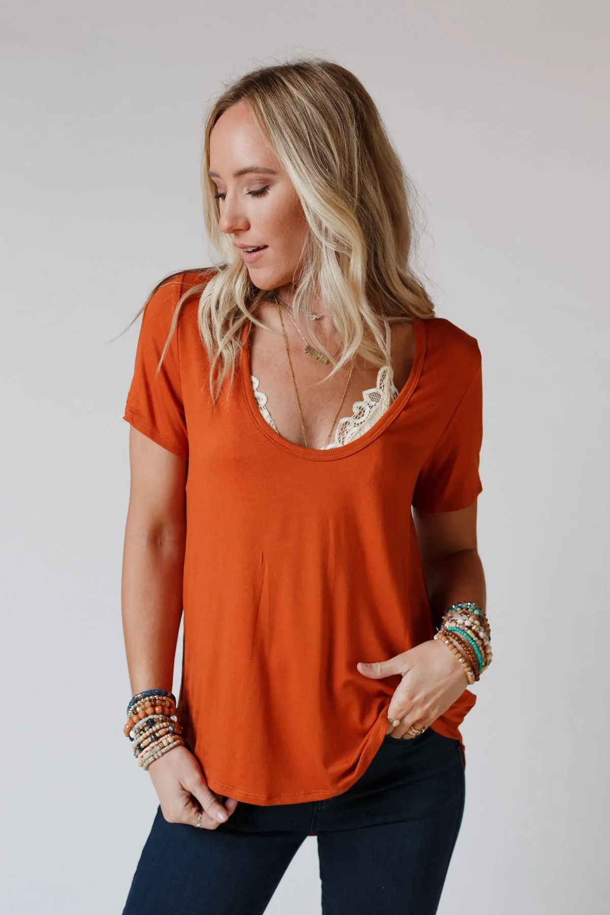 Scoop Neck Bralette Tee - Spice