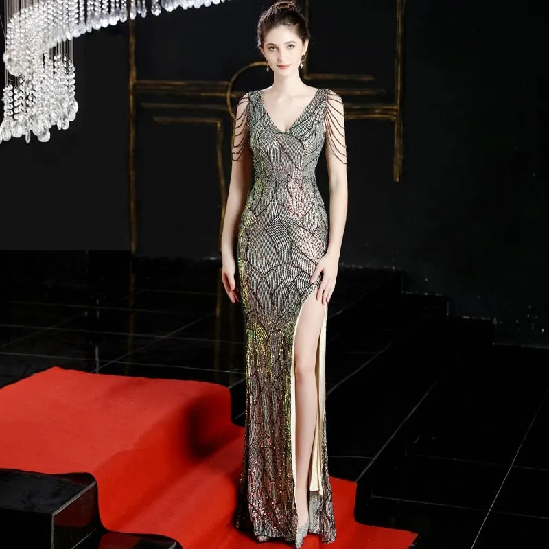 Sexy Slit Sequins Long Evening Dress Womens V-neck Beading Evening Party Dress