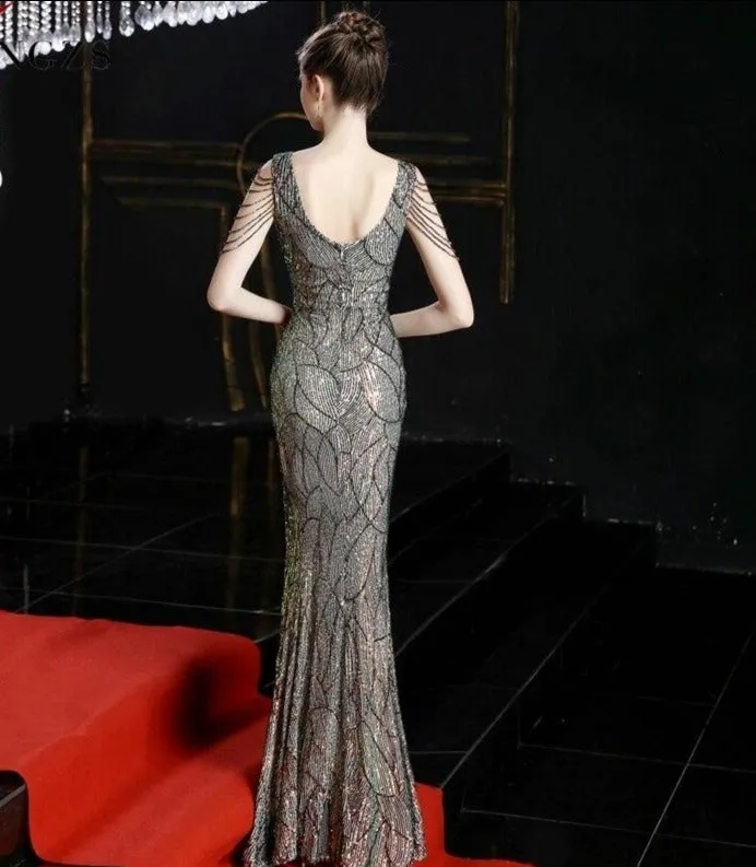 Sexy Slit Sequins Long Evening Dress Womens V-neck Beading Evening Party Dress