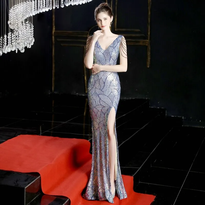 Sexy Slit Sequins Long Evening Dress Womens V-neck Beading Evening Party Dress