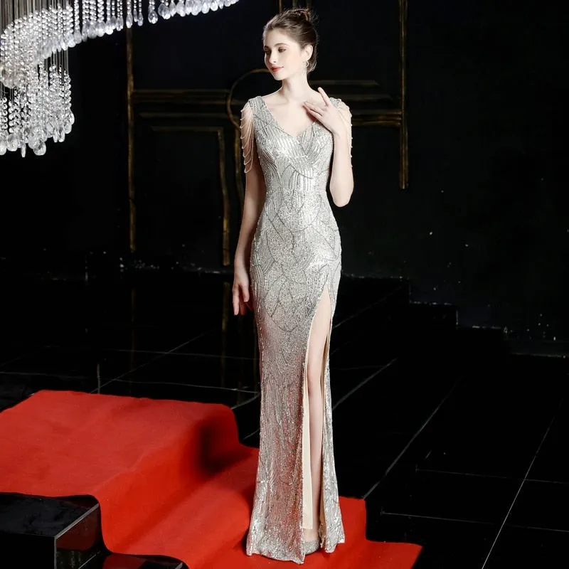 Sexy Slit Sequins Long Evening Dress Womens V-neck Beading Evening Party Dress