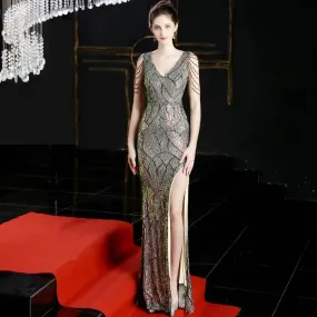 Sexy Slit Sequins Long Women V-neck Beading Evening Party Dress