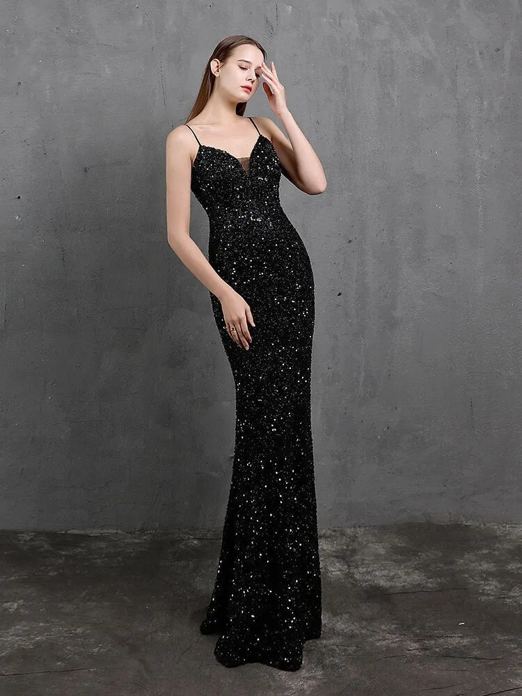 Spaghetti Strap Sleeveless Party Dress Shinning Color Sequins Prom Dress Mermaid Slim Floor Length Vestidoes