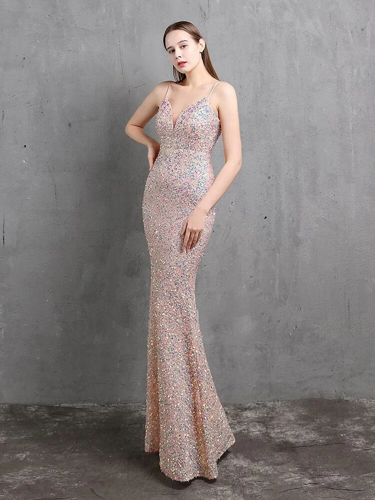 Spaghetti Strap Sleeveless Party Dress Shinning Color Sequins Prom Dress Mermaid Slim Floor Length Vestidoes