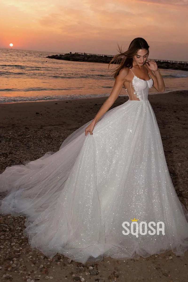 Spaghetti Straps Scoop Tulle Appliques A-line Wedding Dress QW2685