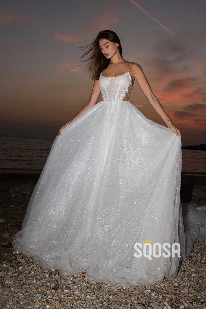 Spaghetti Straps Scoop Tulle Appliques A-line Wedding Dress QW2685