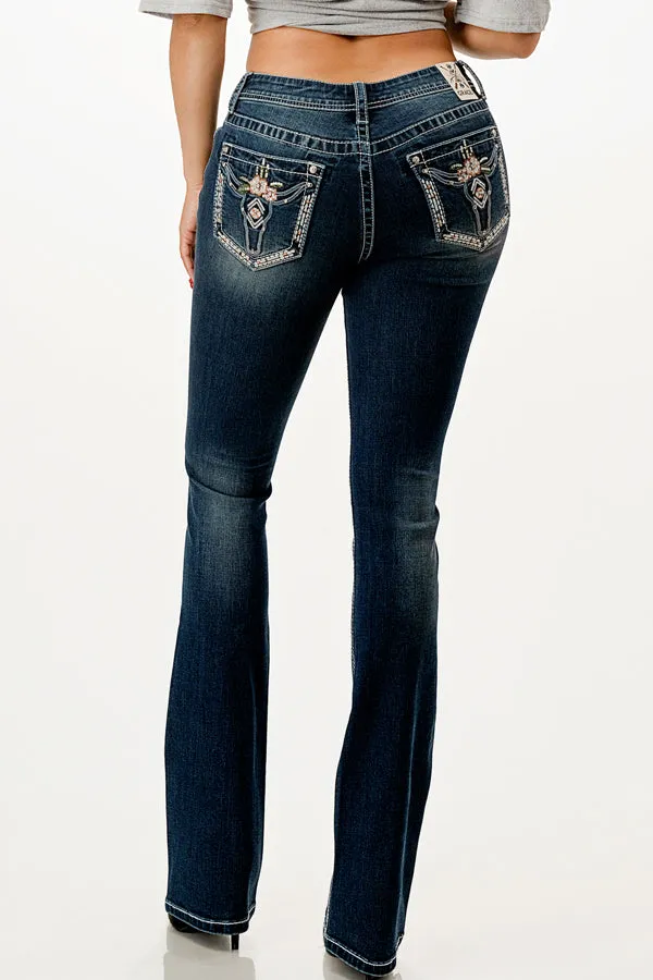 Steer Head Embellished Mid Rise Bootcut Jeans