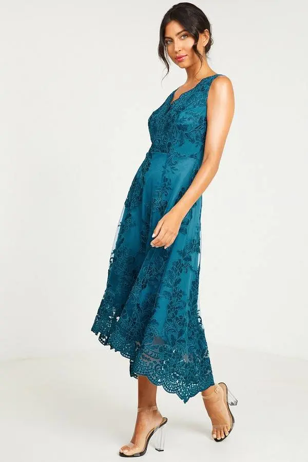 Teal Embroidered Dip Hem Dress