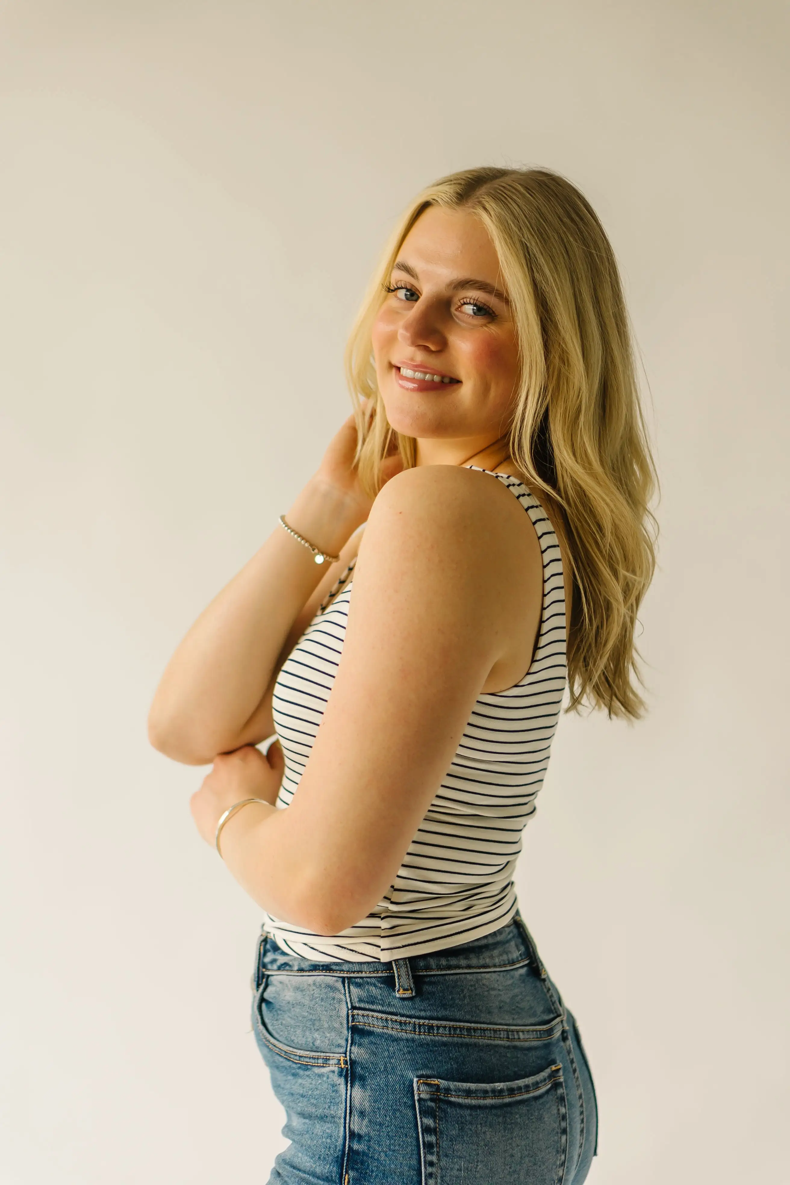 The Landsel Striped Scoop Neck Tank in Navy