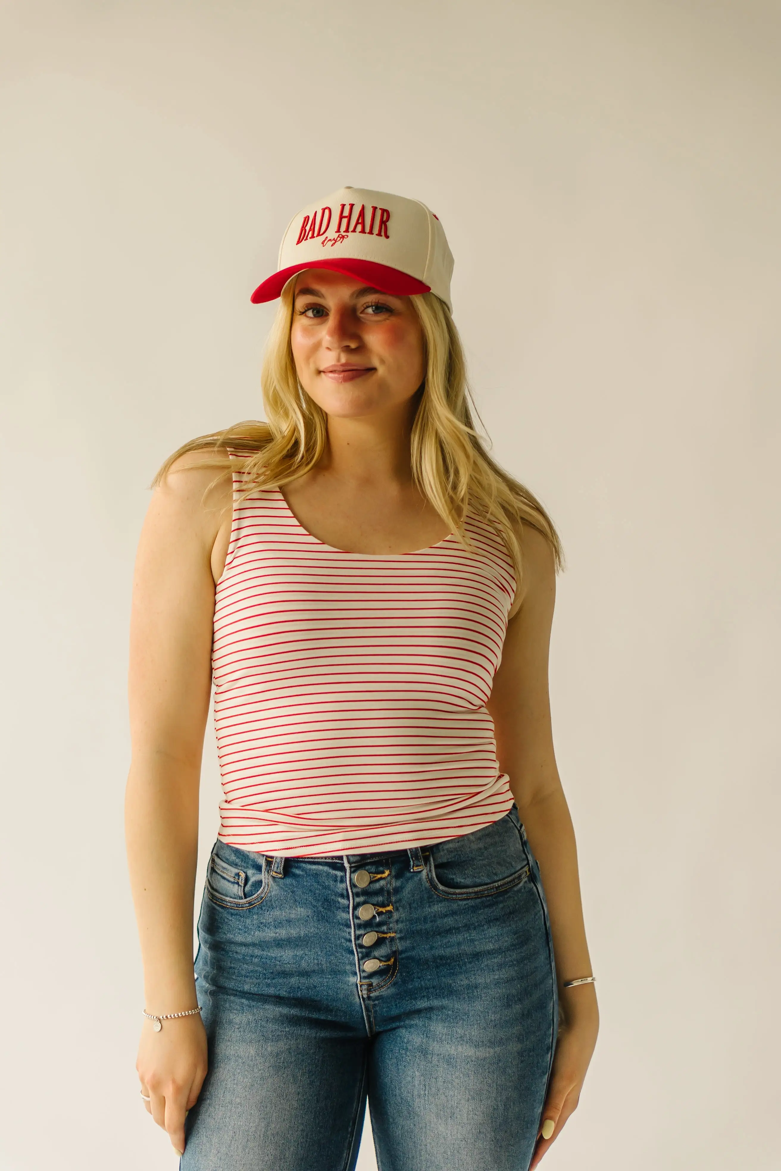 The Landsel Striped Scoop Neck Tank in Red