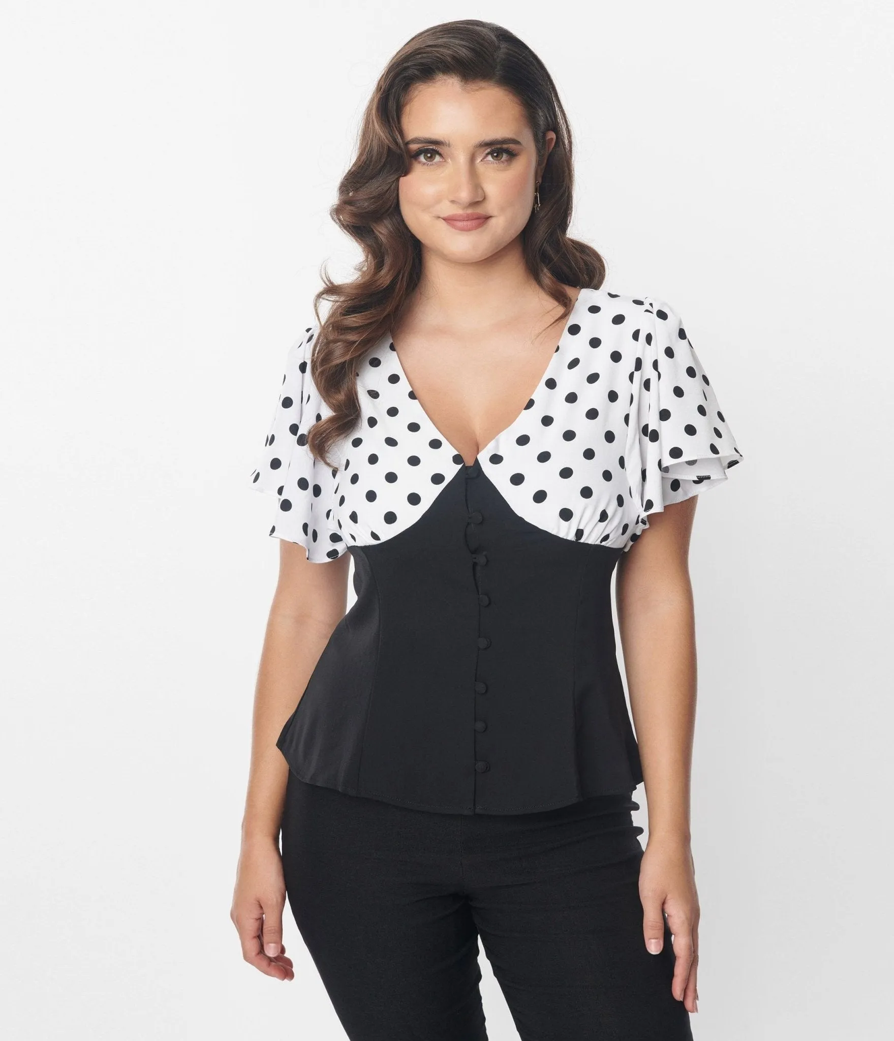 Unique Vintage 1930s Black & White Dot Flutter Sleeve Blouse