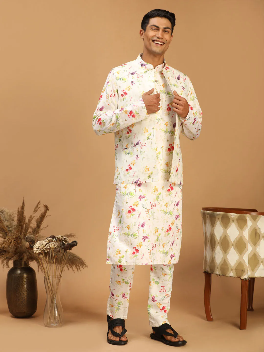 VASTRAMAY Cream Printed Nehru Jacket And Multicolor-base Printed Kurta With Matching Rayon Pant Set