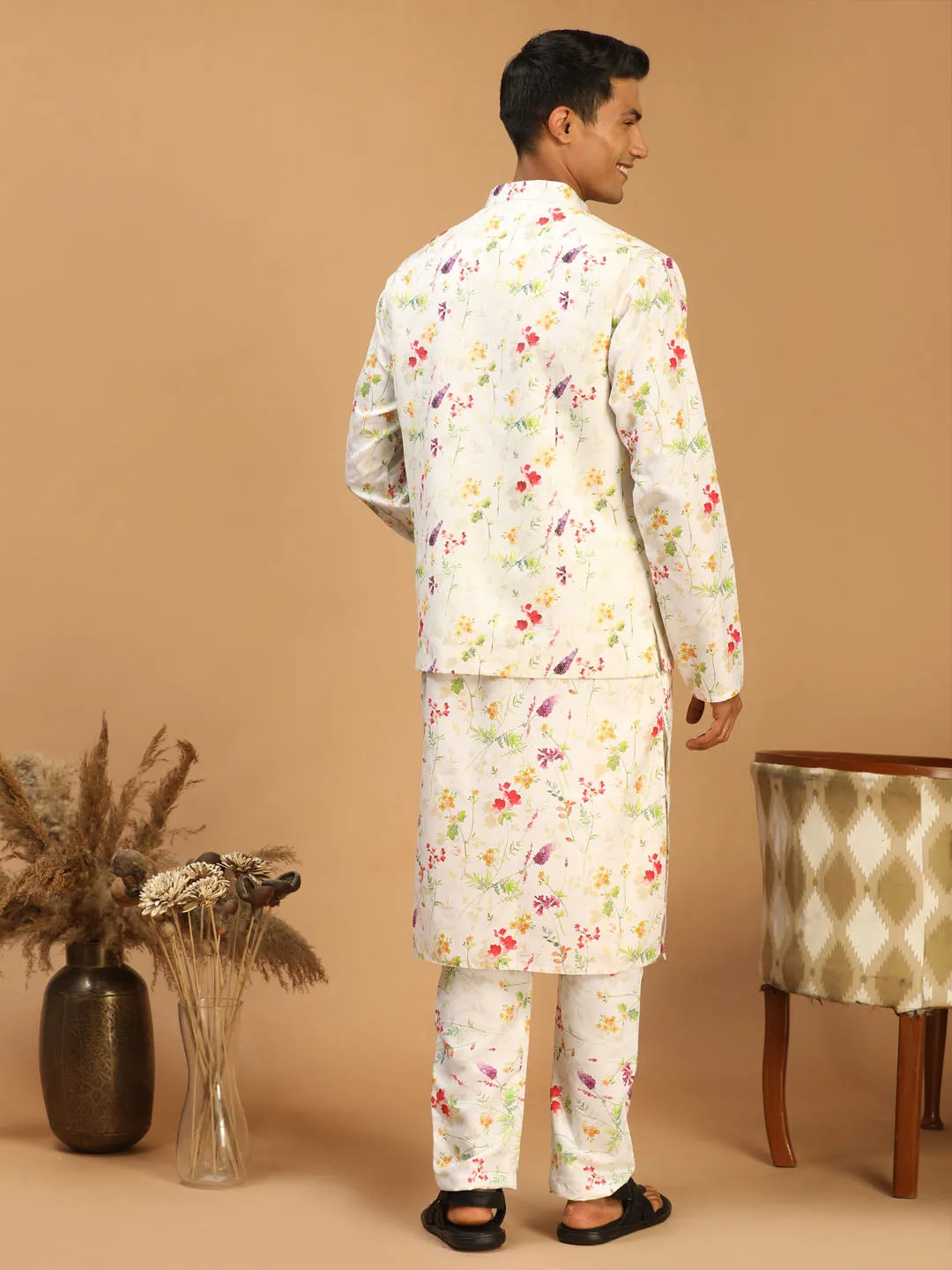 VASTRAMAY Cream Printed Nehru Jacket And Multicolor-base Printed Kurta With Matching Rayon Pant Set