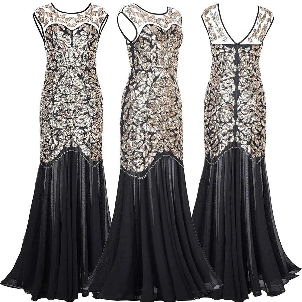 Vintage Mujer Sequins Beading Long Evening Dress Formal Round Neck Lace Long Sexy Party Special Occasion Dress