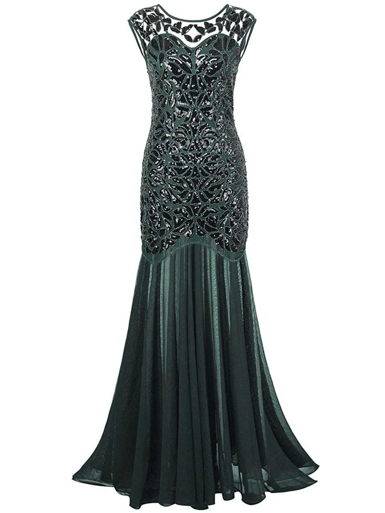 Vintage Mujer Sequins Beading Long Evening Dress Formal Round Neck Lace Long Sexy Party Special Occasion Dress