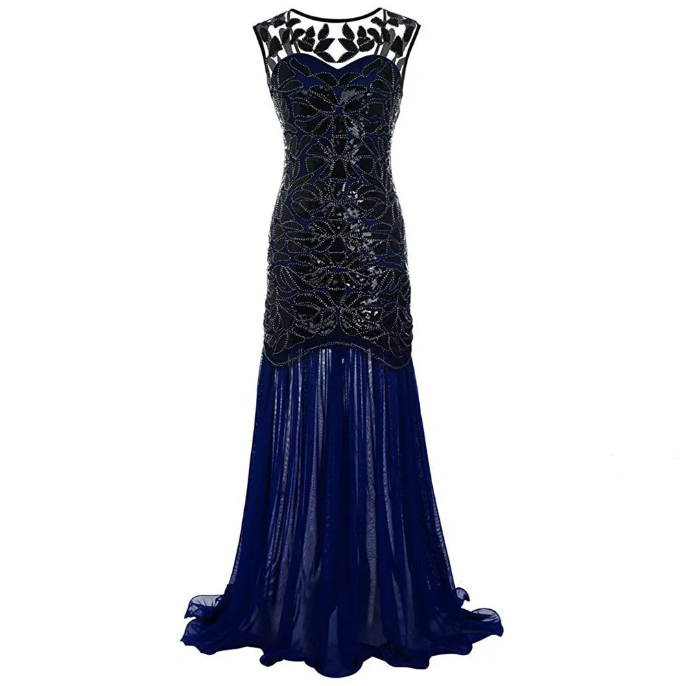 Vintage Mujer Sequins Beading Long Evening Dress Formal Round Neck Lace Long Sexy Party Special Occasion Dress