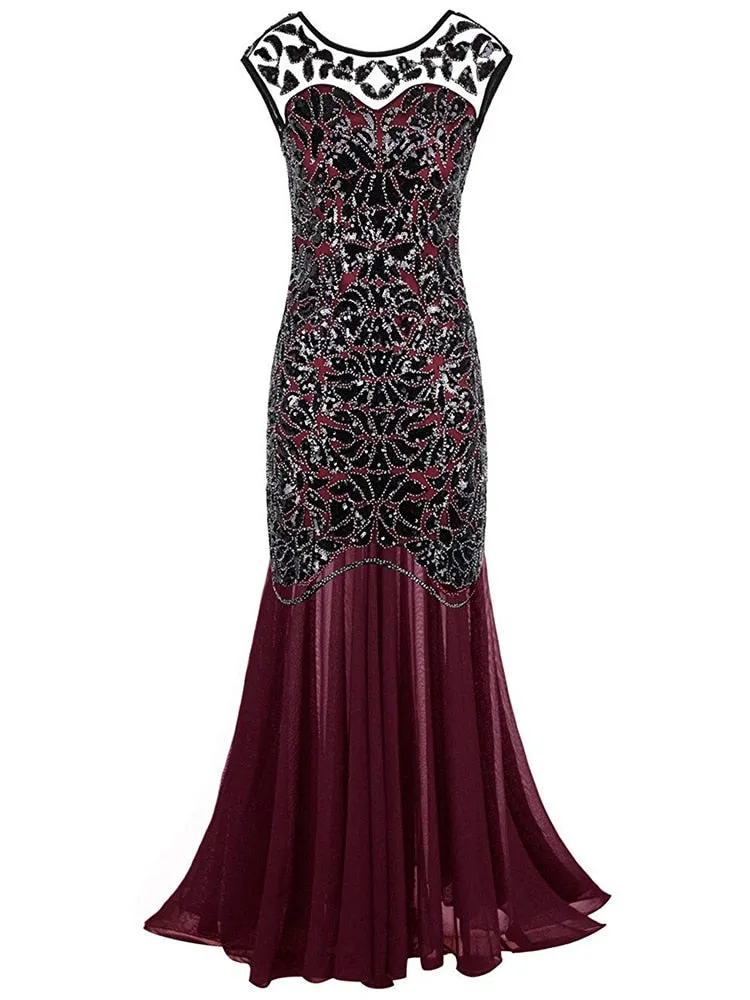 Vintage Mujer Sequins Beading Long Evening Dress Formal Round Neck Lace Long Sexy Party Special Occasion Dress