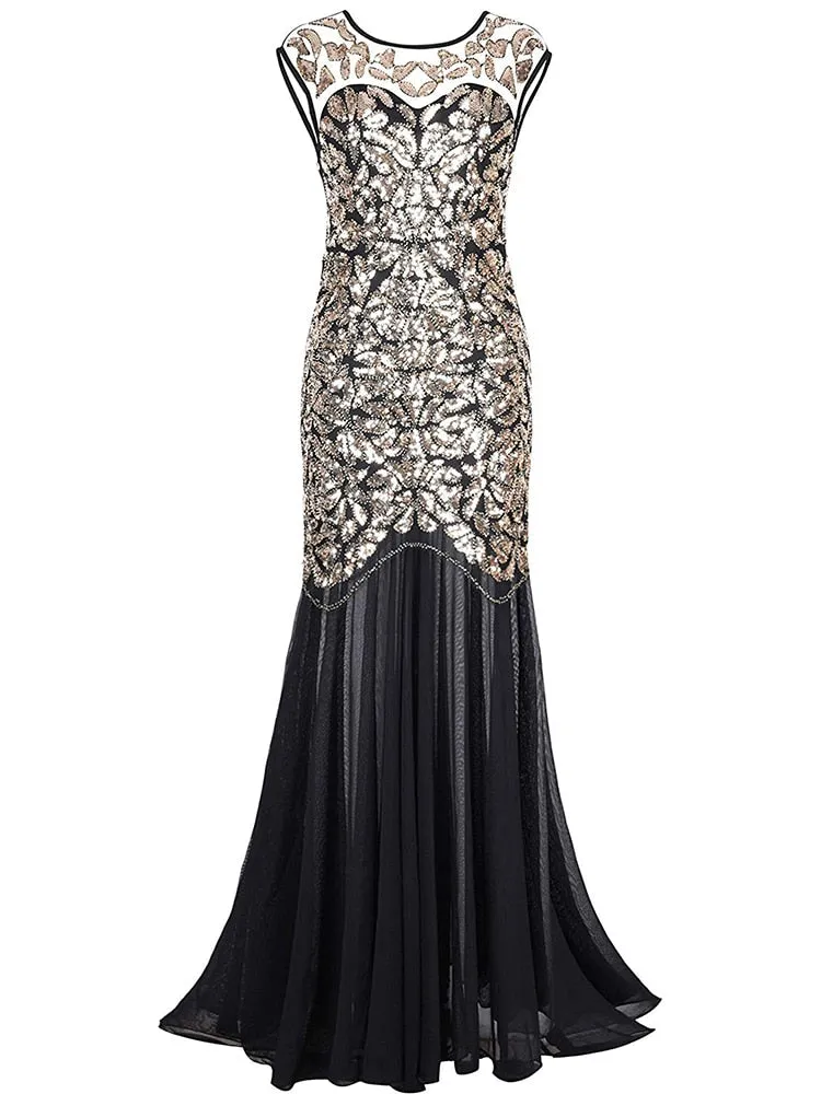 Vintage Mujer Sequins Beading Long Evening Dress Formal Round Neck Lace Long Sexy Party Special Occasion Dress