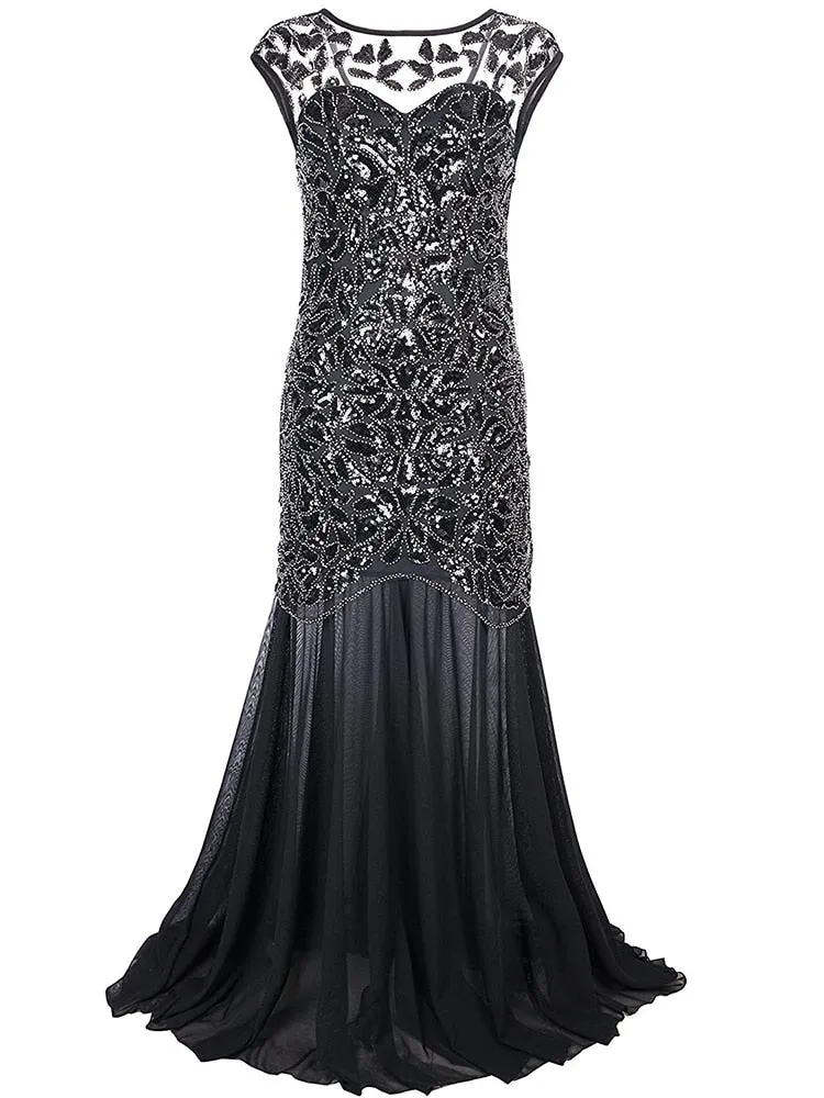 Vintage Mujer Sequins Beading Long Evening Dress Formal Round Neck Lace Long Sexy Party Special Occasion Dress