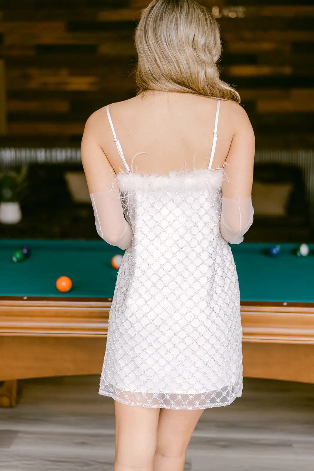 White Beaded Feather Trim Dress