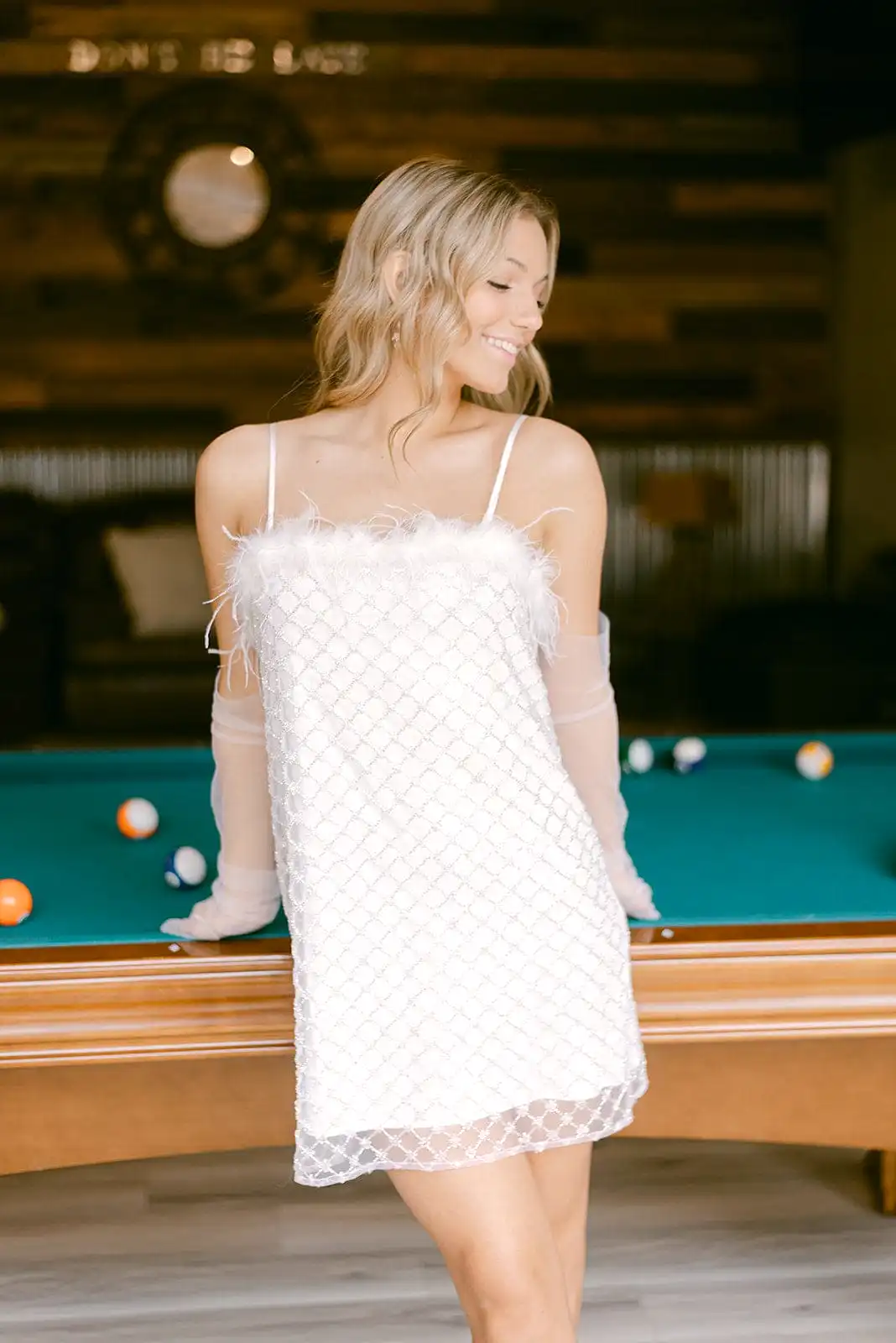 White Beaded Feather Trim Dress