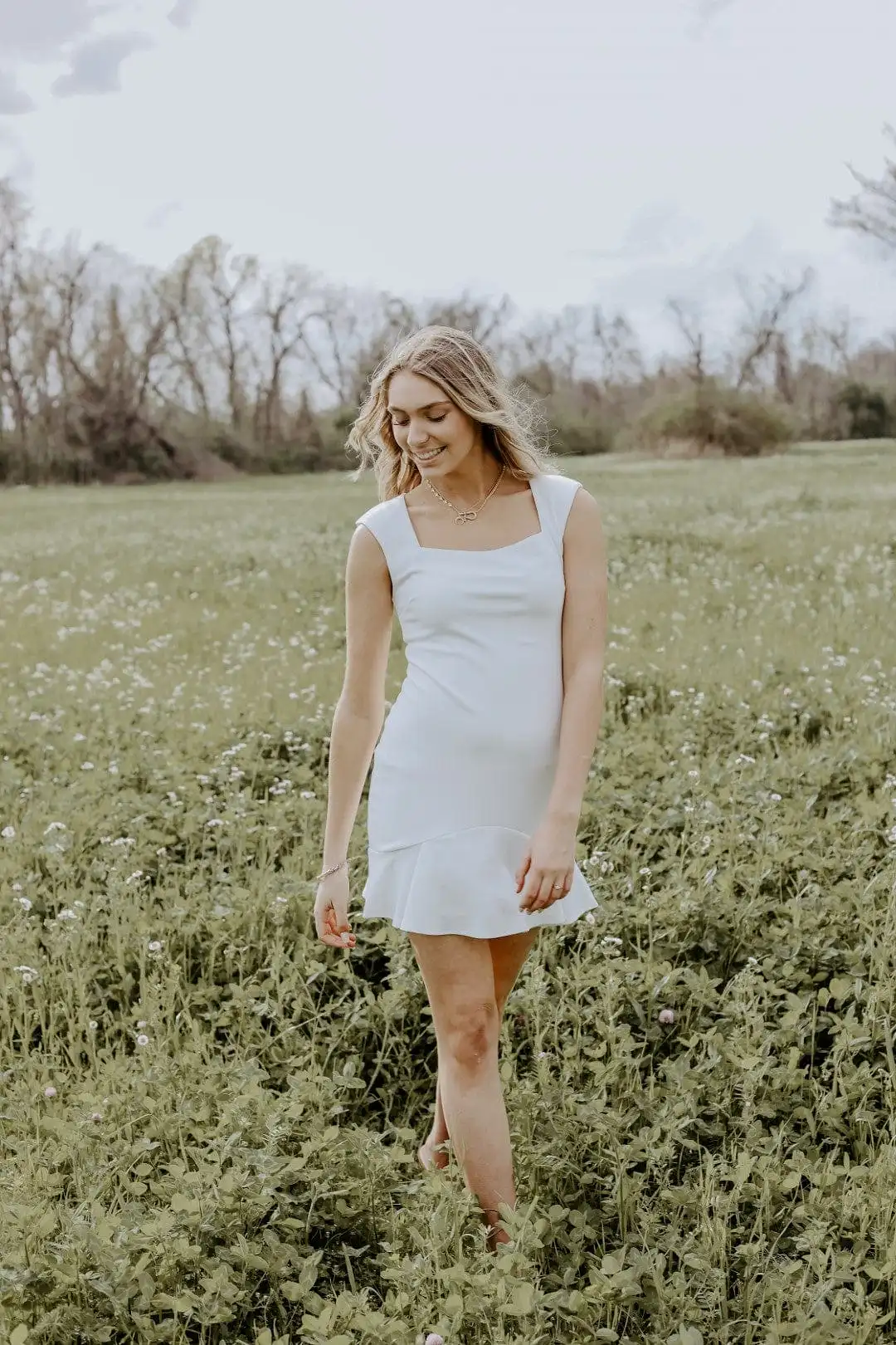 White Fitted Ruffle Hem Dress