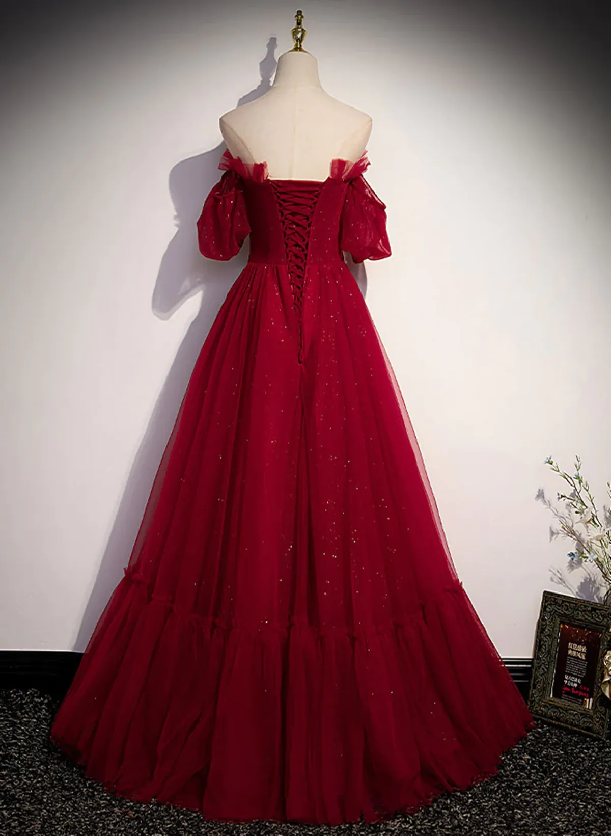 Wine Red Off Shoulder Shiny Tulle Long Party Dress, Wine Red Floor Length Prom Dress