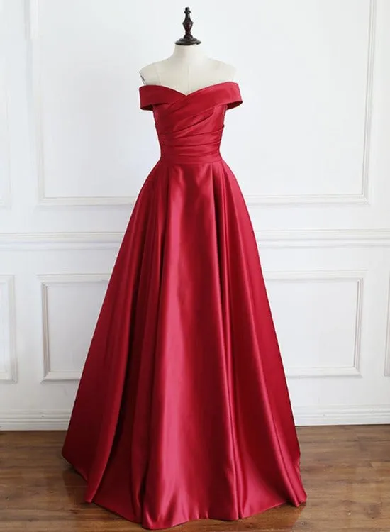 Wine Red Satin Floor Length Party Dress, A-line Off Shoulder Prom Dress