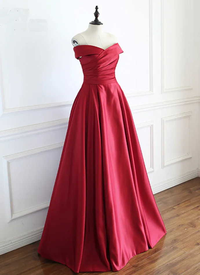 Wine Red Satin Floor Length Party Dress, A-line Off Shoulder Prom Dress