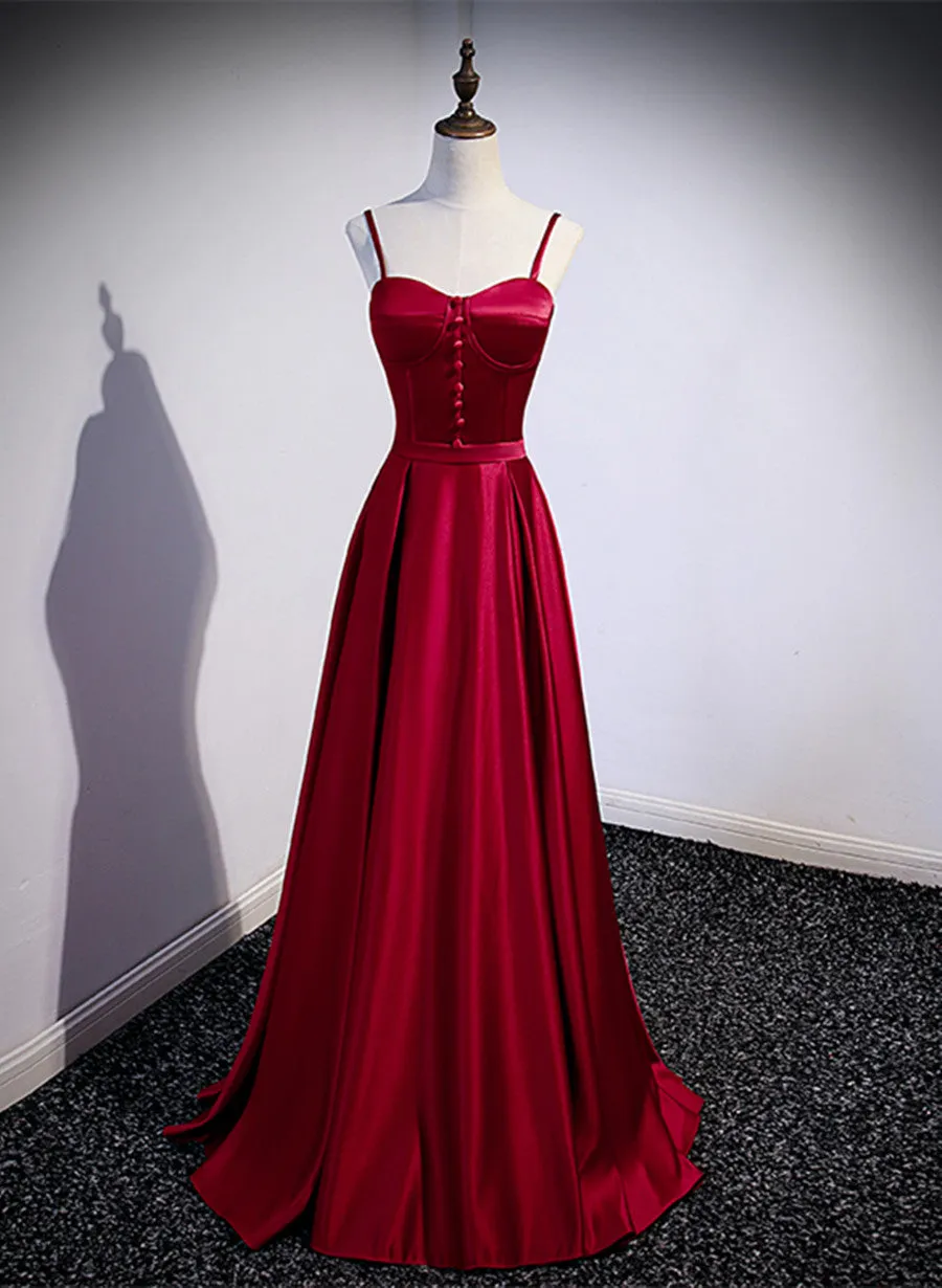 Wine Red Satin Sweetheart Simple Floor Length Prom Dress, Wine Red Evening Dress