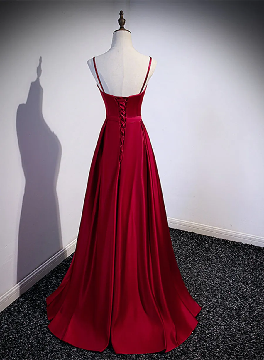 Wine Red Satin Sweetheart Simple Floor Length Prom Dress, Wine Red Evening Dress