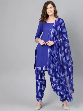 Women Blue & White Printed Unstitched Dress Material