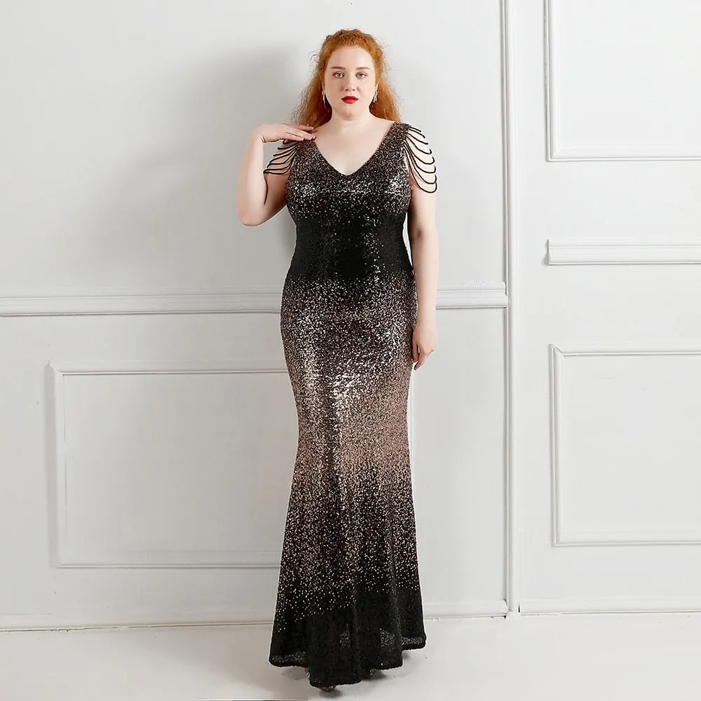 Women Plus Size Beading Maxi Sequins Sexy Evening Prom V Neck Party Vestidos Long Sleeve Elegant High Waist 3XL 4XL