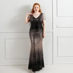 Women Plus Size Beading Maxi Sequins Sexy Evening Prom V Neck Party Vestidos Long Sleeve Elegant High Waist 3XL 4XL