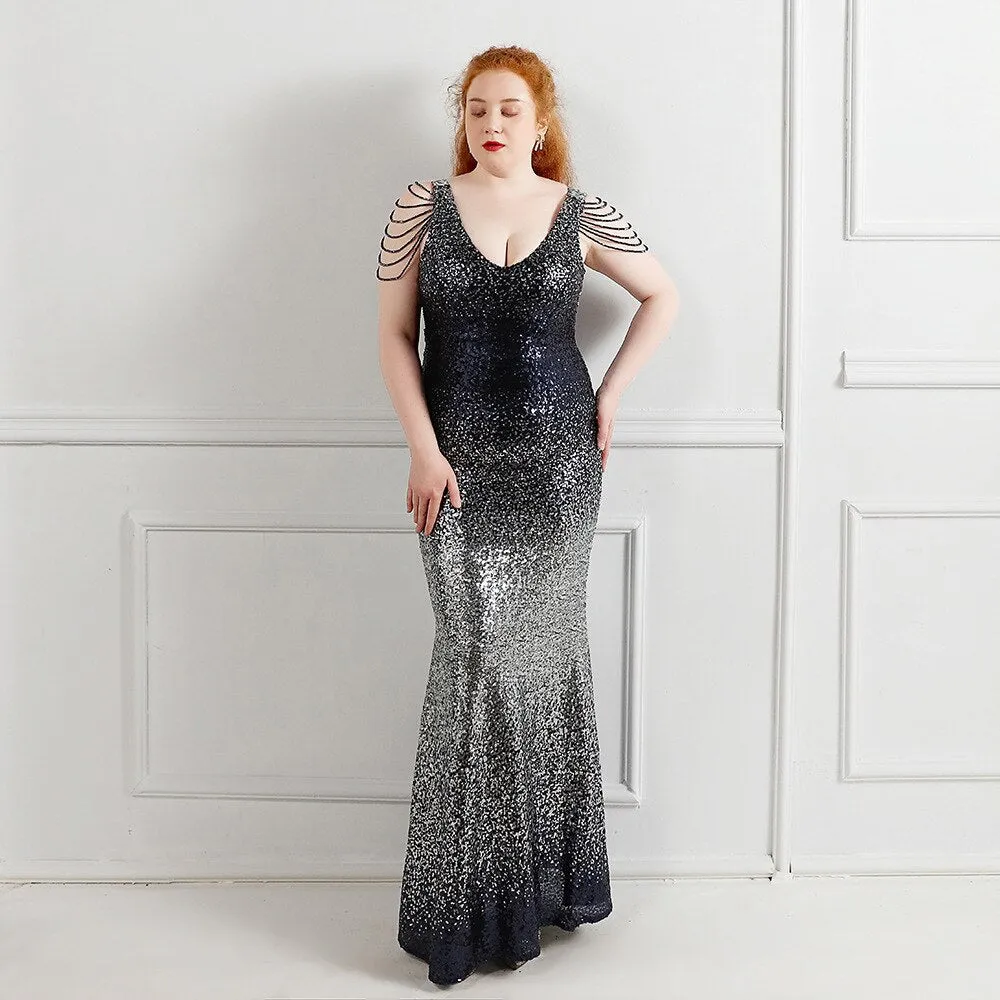 Women Plus Size Beading Maxi Sequins Sexy Evening Prom V Neck Party Vestidos Long Sleeve Elegant High Waist 3XL 4XL