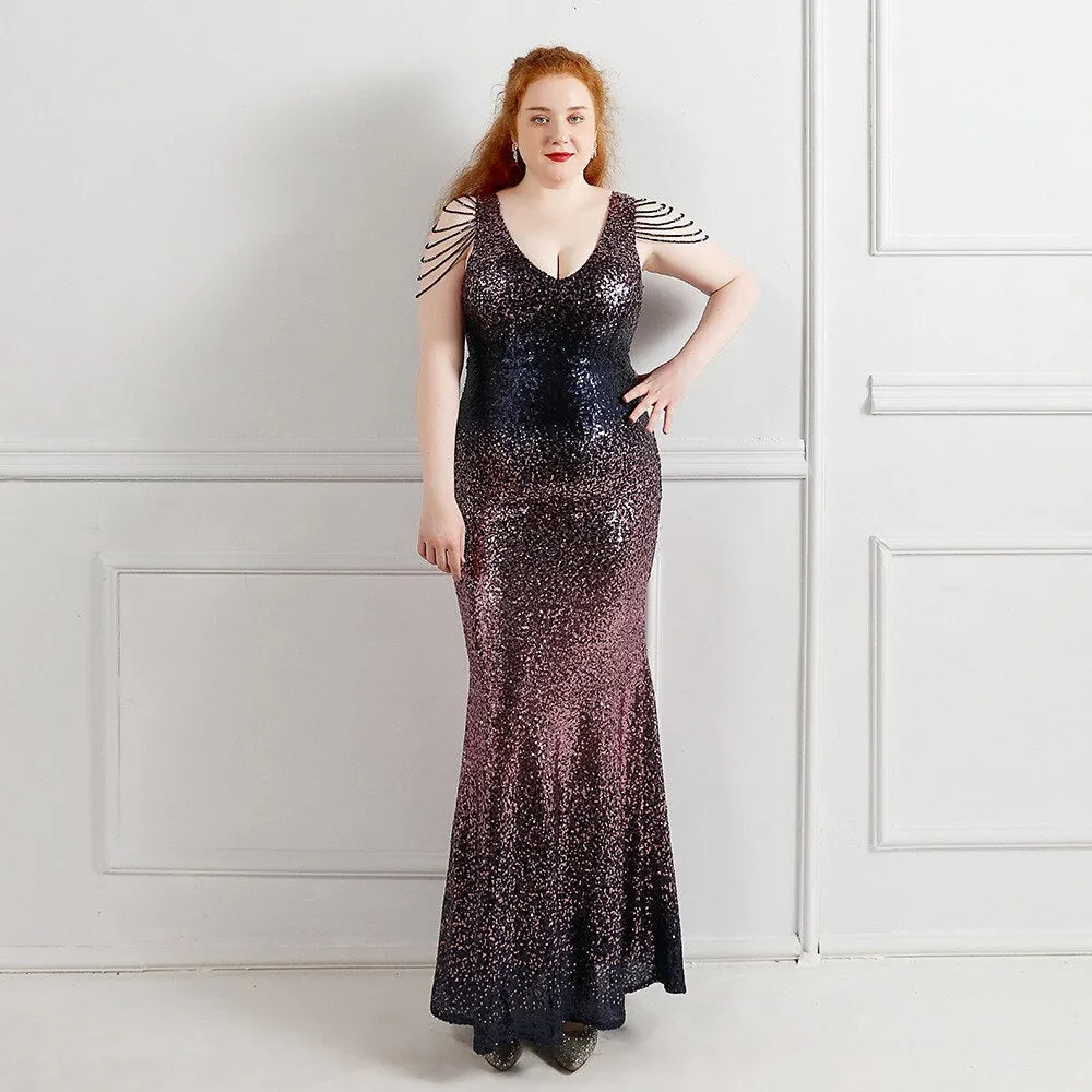 Women Plus Size Beading Maxi Sequins Sexy Evening Prom V Neck Party Vestidos Long Sleeve Elegant High Waist 3XL 4XL