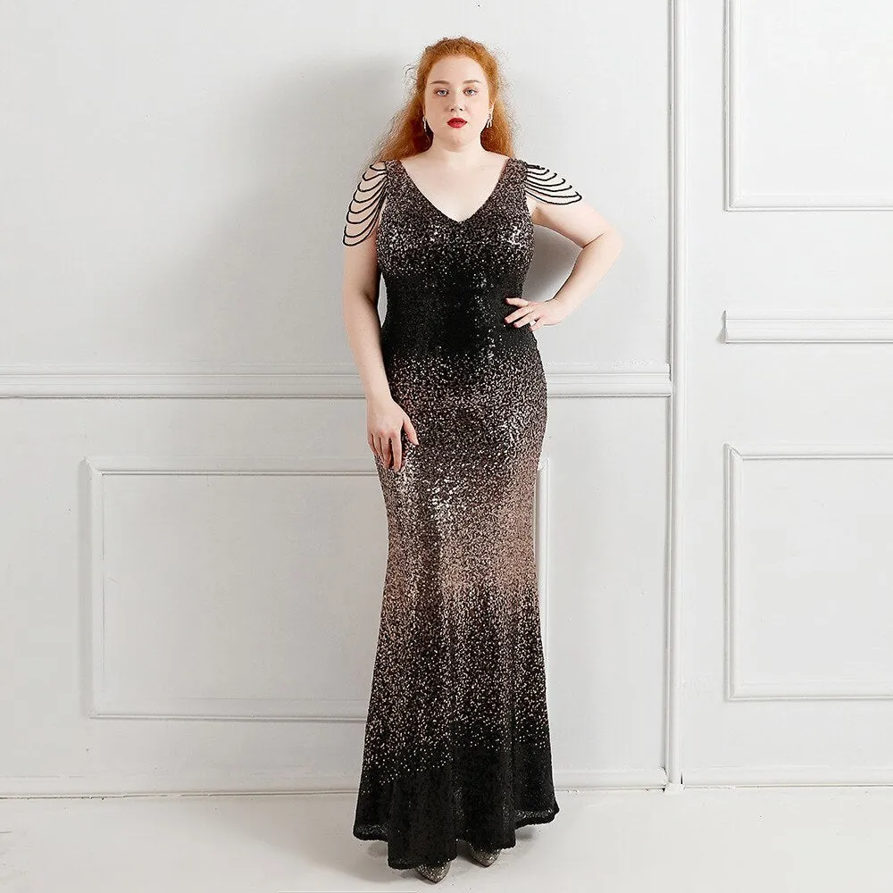 Women Plus Size Beading Maxi Sequins Sexy Evening Prom V Neck Party Vestidos Long Sleeve Elegant High Waist 3XL 4XL