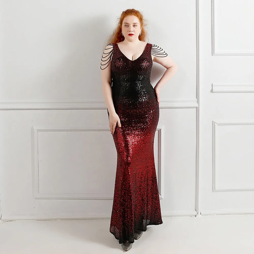 Women Plus Size Beading Maxi Sequins Sexy Evening Prom V Neck Party Vestidos Long Sleeve Elegant High Waist 3XL 4XL