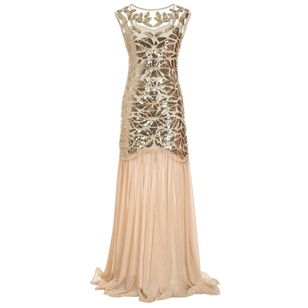 Women's Vintage Evening Dress Gold Sequins Beading Long Evening Party Dress