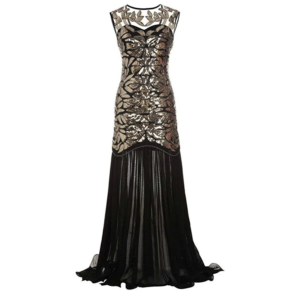 Women's Vintage Evening Dress Gold Sequins Beading Long Evening Party Dress