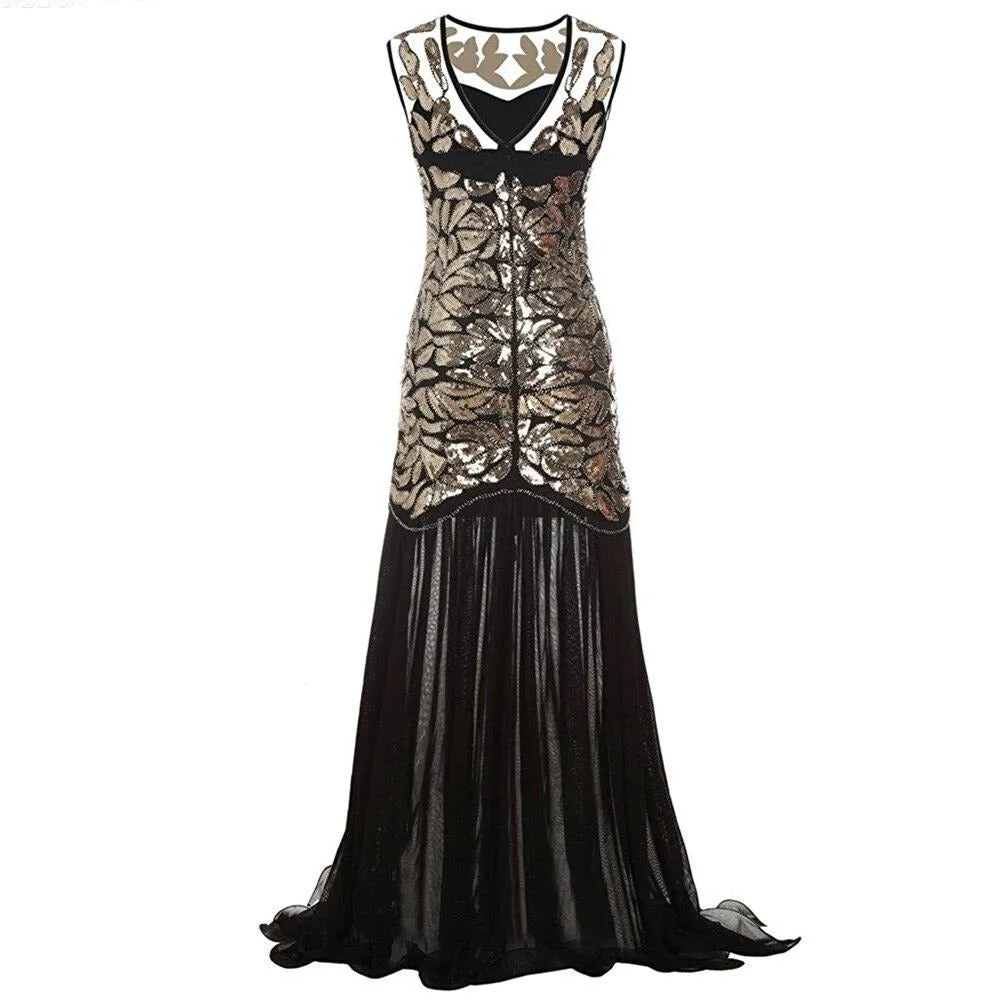 Women's Vintage Evening Dress Gold Sequins Beading Long Evening Party Dress